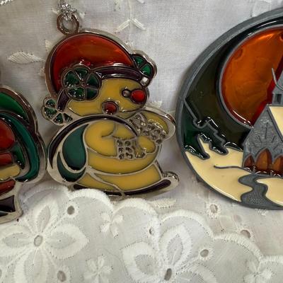 Vtg Russ Berrie Holiday faux stain glas ornament lot of 4