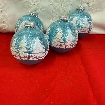 Vtg ornament lot of 4 Blue With White Trees and Glitter Retro Christmas Decorations