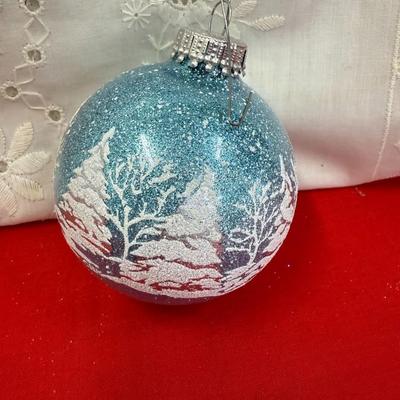 Vtg ornament lot of 4 Blue With White Trees and Glitter Retro Christmas Decorations