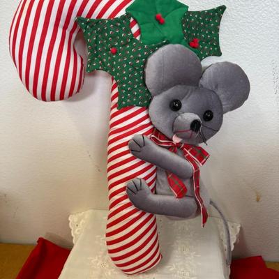 Vtg 80s Large Candy Cane Mouse Plush Decor Wall Door Hanging