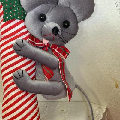 Vtg 80s Large Candy Cane Mouse Plush Decor Wall Door Hanging