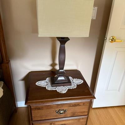 King size bedframe, mattress, 2 end tables, lamps, and two pictures