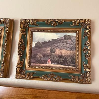 King size bedframe, mattress, 2 end tables, lamps, and two pictures