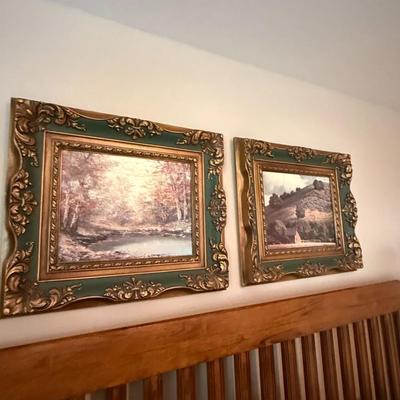 King size bedframe, mattress, 2 end tables, lamps, and two pictures