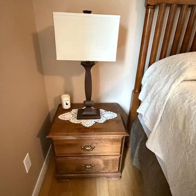 King size bedframe, mattress, 2 end tables, lamps, and two pictures