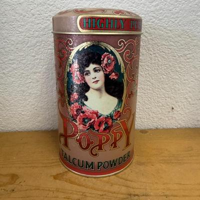 Vtg Highly Perfumed Poppy Talcum Powder tin, Art Nouveau flowers,