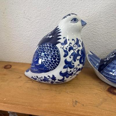 Blue and White Rooster and Bird Flower Textile Design Porcelain Chicken } Farmhouse Decor } Figurines }