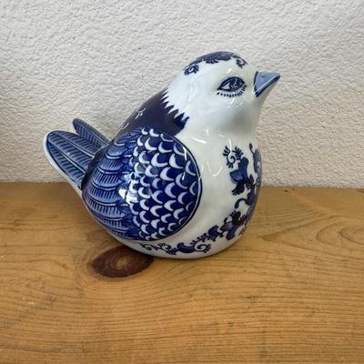 Blue and White Rooster and Bird Flower Textile Design Porcelain Chicken } Farmhouse Decor } Figurines }