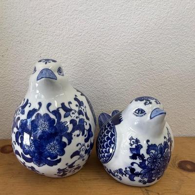 Blue and White Rooster and Bird Flower Textile Design Porcelain Chicken } Farmhouse Decor } Figurines }