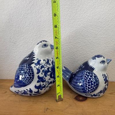 Blue and White Rooster and Bird Flower Textile Design Porcelain Chicken } Farmhouse Decor } Figurines }