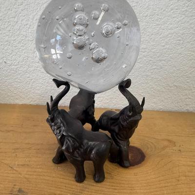 BRONZE ELEPHANT STAND WITH HEAVY GLASS SPHERE / BALL