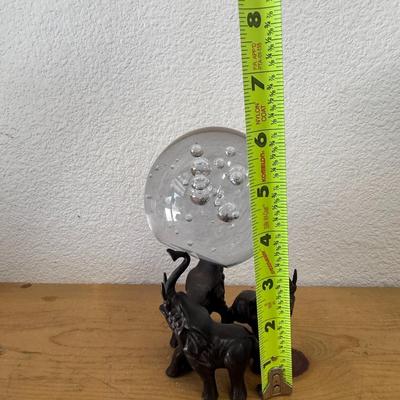 BRONZE ELEPHANT STAND WITH HEAVY GLASS SPHERE / BALL
