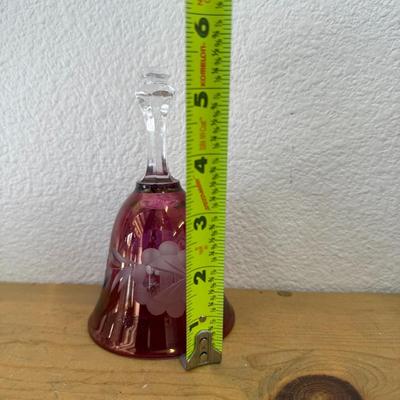 Vintage Cranberry and Clear Etched Glass Floral Bell 5 1/2”