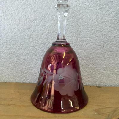 Vintage Cranberry and Clear Etched Glass Floral Bell 5 1/2”