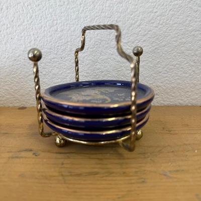 Vintage Interpur Cobalt Blue Peacock Set 3 Coasters and Caddy Holder