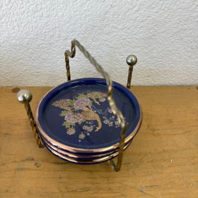 Vintage Interpur Cobalt Blue Peacock Set 3 Coasters and Caddy Holder