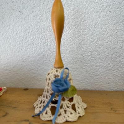 VINTAGE HAND CROCHETED LACE BELL with BLUE FLOWERS