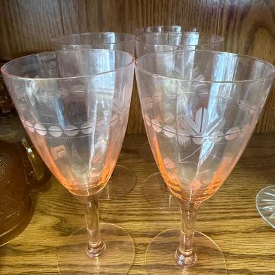 Set of 5 Pink Depression Etched Optic Panel Wine Glasses
