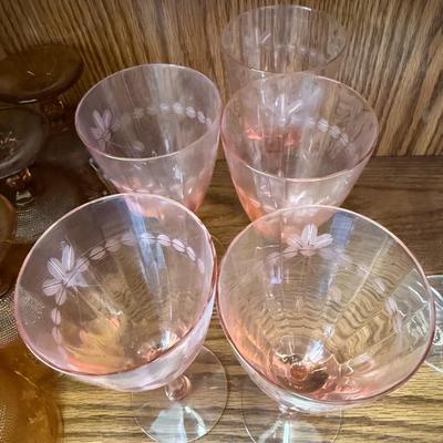 Set of 5 Pink Depression Etched Optic Panel Wine Glasses