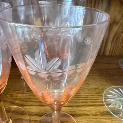 Set of 5 Pink Depression Etched Optic Panel Wine Glasses