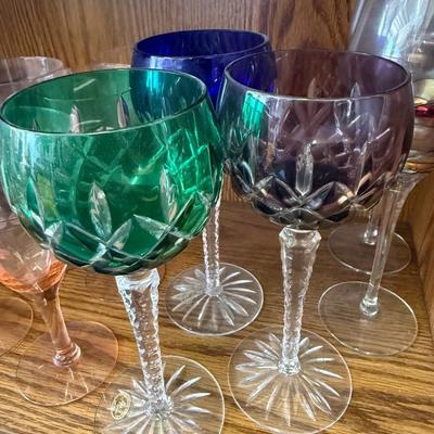 Set of 3 Set Tall Vintage Bohemian Czech Cut to Clear Colored Crystal Wine Glasses/Hocks/Stems In Four Colors, Hand Cut