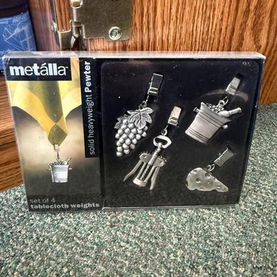 Pewter Tablecloth Weights, Heavyweight, Set of 4, Wine & Cheese, Metalla, Taiwan