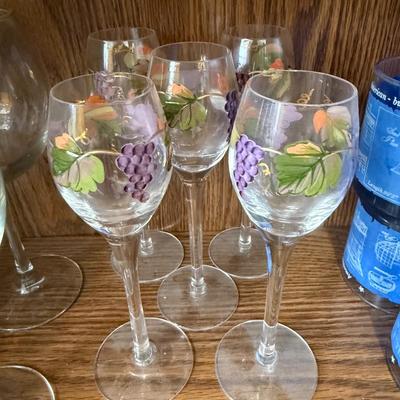 Hand Painted Wine Glasses with Grapes Design Set of 5