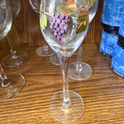 Hand Painted Wine Glasses with Grapes Design Set of 5