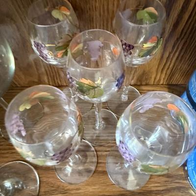 Hand Painted Wine Glasses with Grapes Design Set of 5