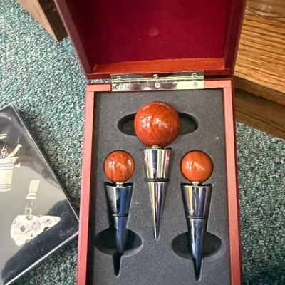 3 Art Deco Wood Ball & Chrome Bottle Decanter Stoppers Art Deco in Wooden Case
