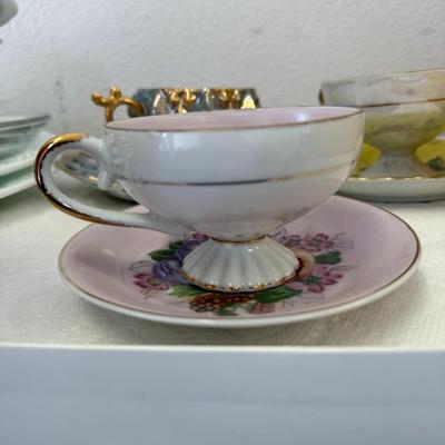 Vintage Enesco Pedestal Tea Cup And Saucer Japan Gold Trim Fruit Pink