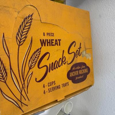 Vintage Anchor Hocking Wheat Snack Sets-4 Cups & 4 Plates In Original Box-Circa 1960's-TWO Available