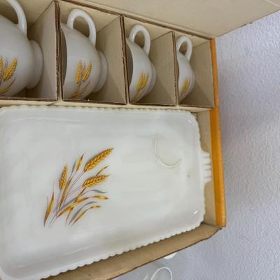 Vintage Anchor Hocking Wheat Snack Sets-4 Cups & 4 Plates In Original Box-Circa 1960's-TWO Available