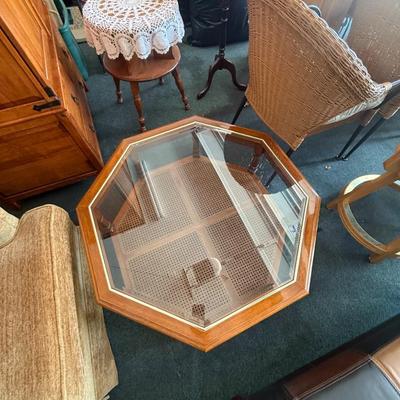 Mid-Century Modern Walnut Octagonal Glass Top Coffee Table