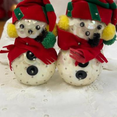 Vintage Set/2 Sequin and Bead Snowman Christmas Ornaments