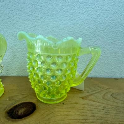 Fenton Topaz Opalescent Hobnail pitcher Vaseline Glass
