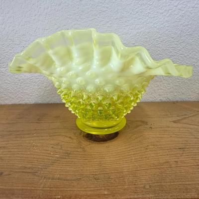 Vintage Fenton Yellow Milk Glass Hobnail Ruffles Candy Dish