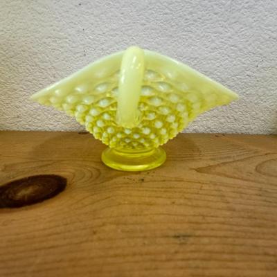 Vintage FENTON Hobnail Ruffle Topaz Vaseline Stemmed Compote dish