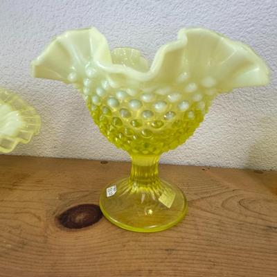 Vintage FENTON Hobnail Ruffle Topaz Vaseline Stemmed Compote dish