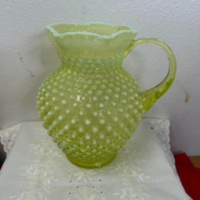 Vintage 5.5" FENTON Topaz Vaseline Opalescent Hobnail Pitcher