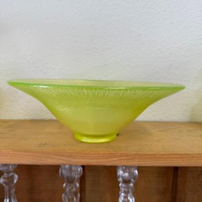 Stretch Glass Iridescent Green Console Bowl Dish Centerpiece Green Uranium Glass Glows