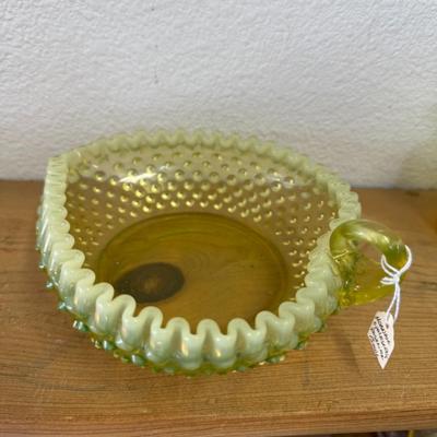 Fenton Pre-Logo Topaz Vaseline Opalescent Hobnail Heart Shaped Relish Dish