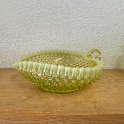 Fenton Pre-Logo Topaz Vaseline Opalescent Hobnail Heart Shaped Relish Dish