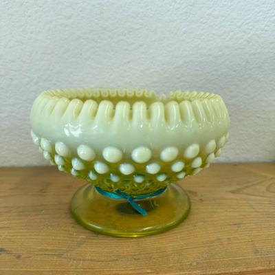 Fenton Vaseline Opalescent Hobnail Candlestick/Holder-Prelogo-Topaz Uranium MCM