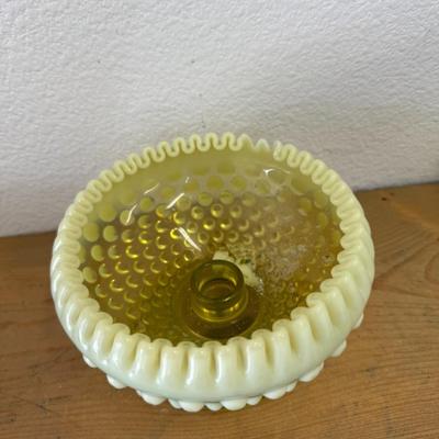 Fenton Vaseline Opalescent Hobnail Candlestick/Holder-Prelogo-Topaz Uranium MCM
