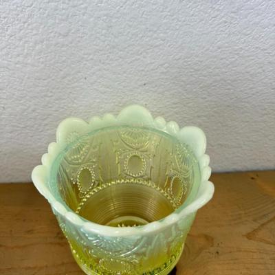 Northwood 1905 Jewel & Flower Vaseline Opalescent Yellow Bowl Gold Accents 