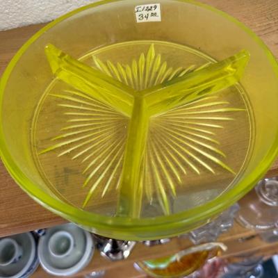 Yellow Uranium Vaseline Glass, Round Divided Candy Nut Dish, Antique