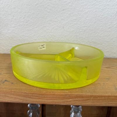 Yellow Uranium Vaseline Glass, Round Divided Candy Nut Dish, Antique