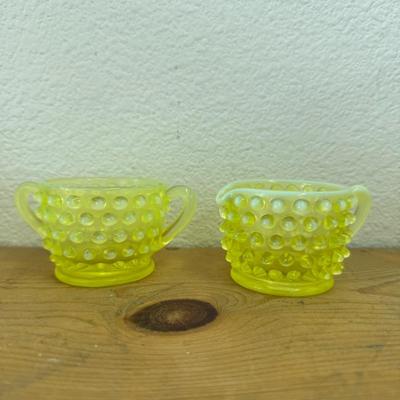 Fenton Yellow Topaz Vaseline Opalescent Hobnail Mini Creamer and Sugar 3 1/4 | Uranium Glass