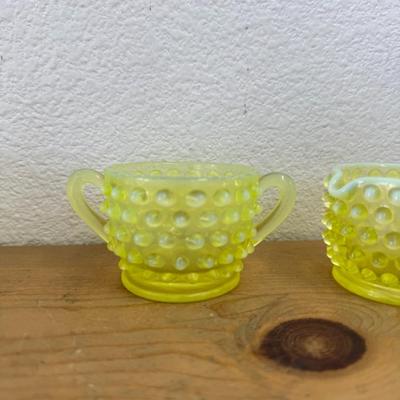Fenton Yellow Topaz Vaseline Opalescent Hobnail Mini Creamer and Sugar 3 1/4 | Uranium Glass